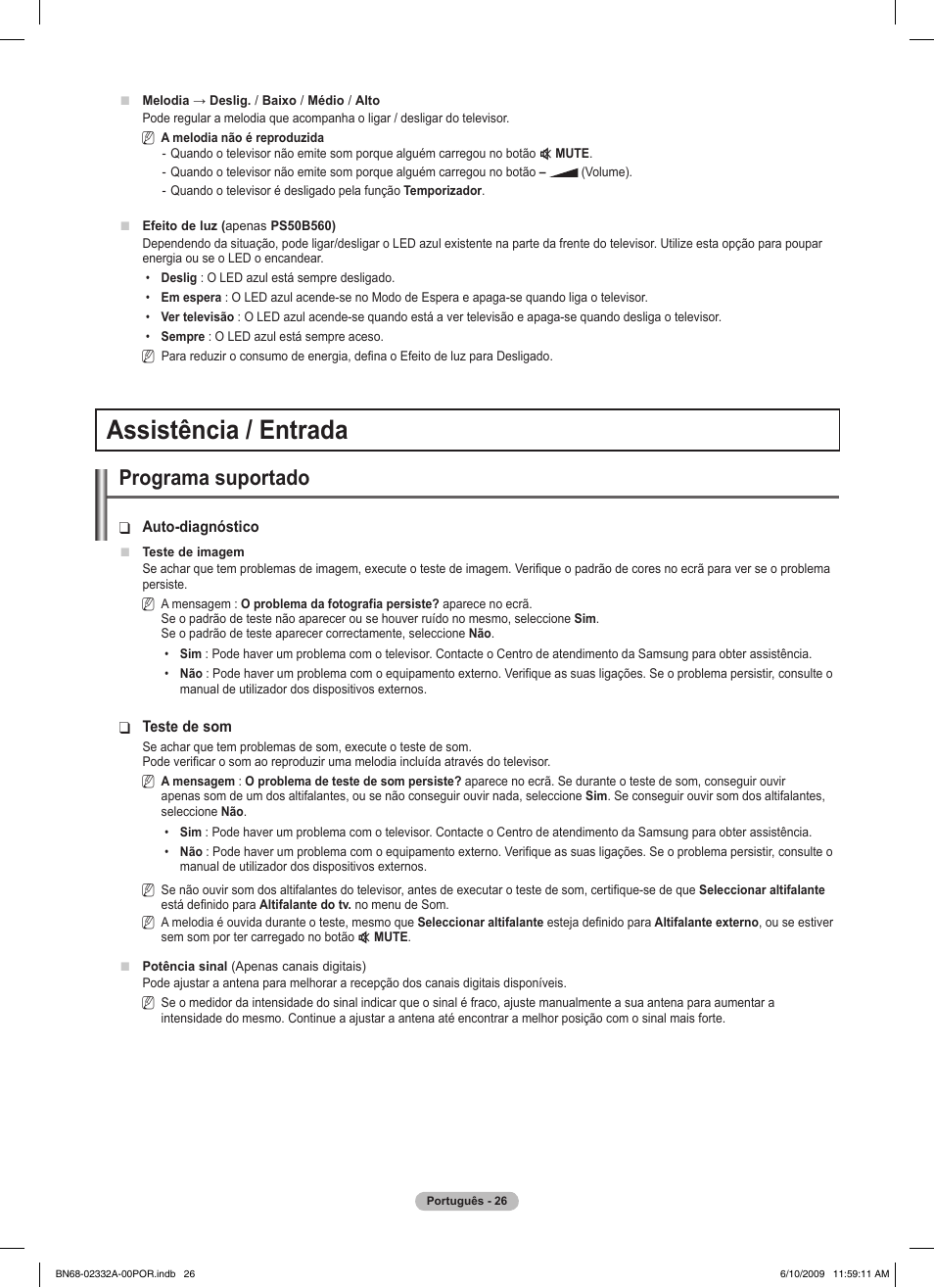 Assistência / entrada, Programa suportado | Samsung PS50B560T7W User Manual | Page 294 / 400