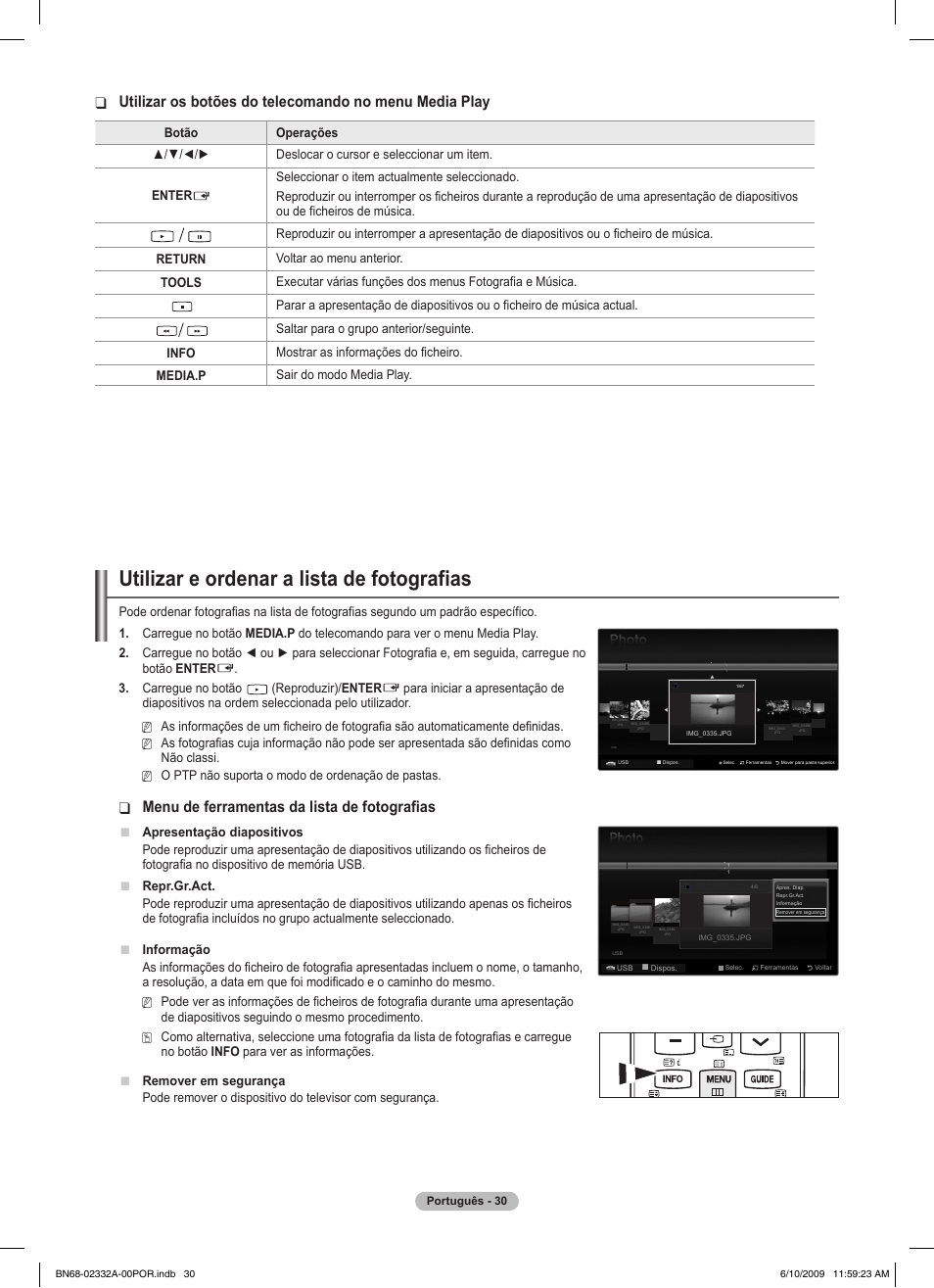 Utilizar e ordenar a lista de fotografias, Menu de ferramentas da lista de fotografias | Samsung PS50B560T7W User Manual | Page 298 / 400