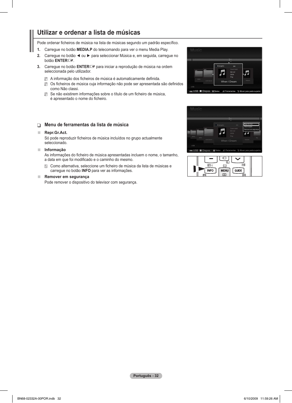 Utilizar e ordenar a lista de músicas, Menu de ferramentas da lista de música, Carregue no botão enter | É apresentado o nome do ficheiro, Repr.gr.act | Samsung PS50B560T7W User Manual | Page 300 / 400