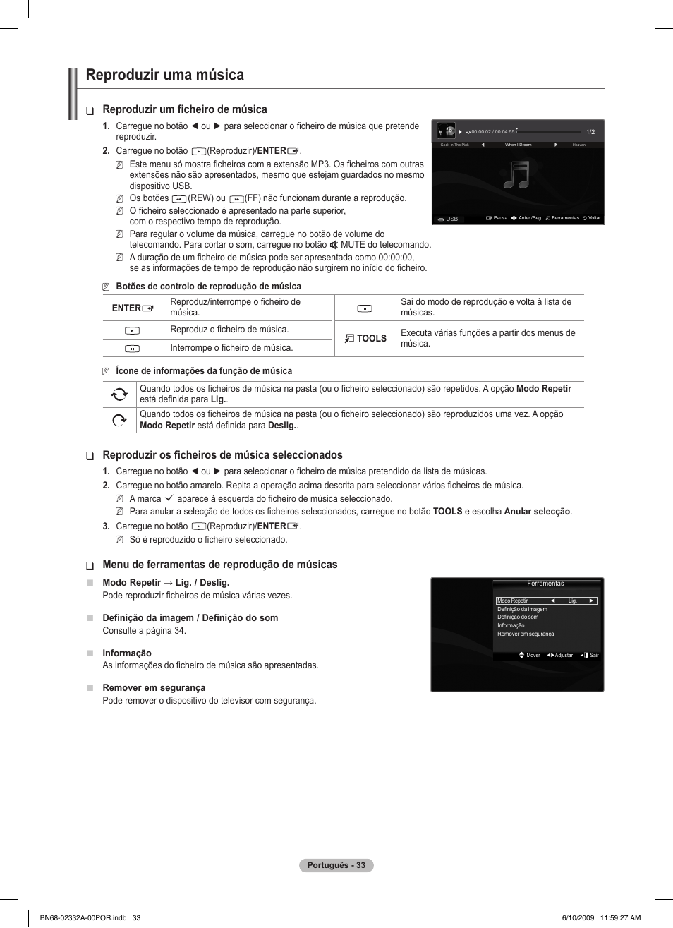 Reproduzir uma música, Reproduzir um ficheiro de música, Reproduzir os ficheiros de música seleccionados | Menu de ferramentas de reprodução de músicas | Samsung PS50B560T7W User Manual | Page 301 / 400