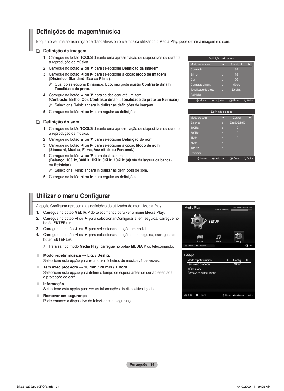 Definições de imagem/música, Utilizar o menu configurar, Definição da imagem | Definição do som | Samsung PS50B560T7W User Manual | Page 302 / 400