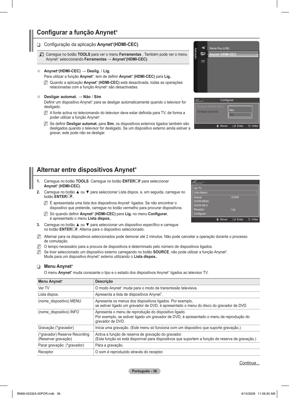 Configurar a função anynet, Alternar entre dispositivos anynet, Configuração da aplicação ❑ anynet | Hdmi-cec), Menu anynet | Samsung PS50B560T7W User Manual | Page 304 / 400