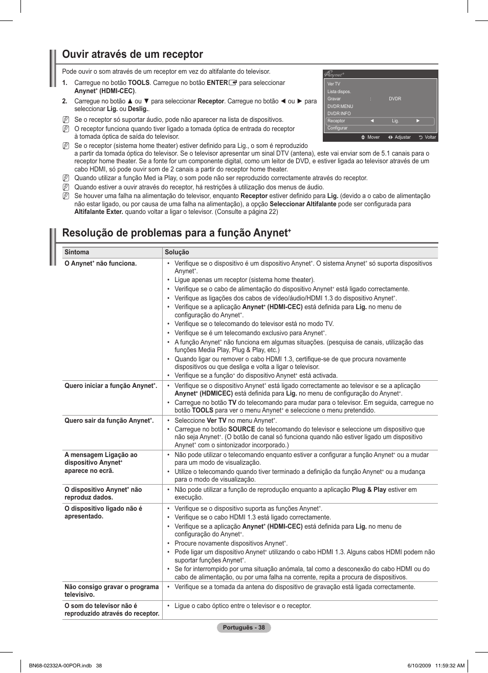 Ouvir através de um receptor, Resolução de problemas para a função anynet | Samsung PS50B560T7W User Manual | Page 306 / 400
