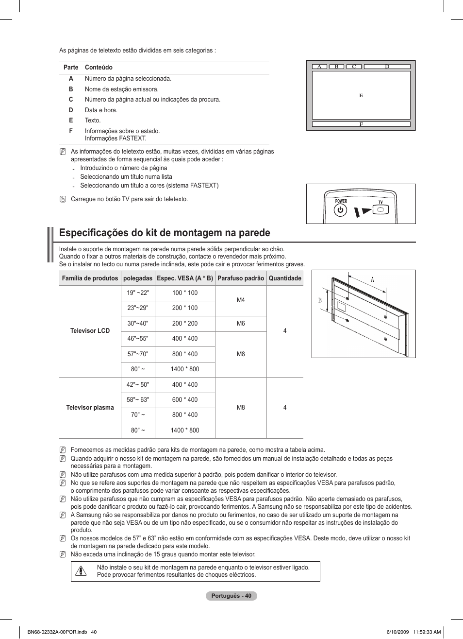 Especificações do kit de montagem na parede | Samsung PS50B560T7W User Manual | Page 308 / 400