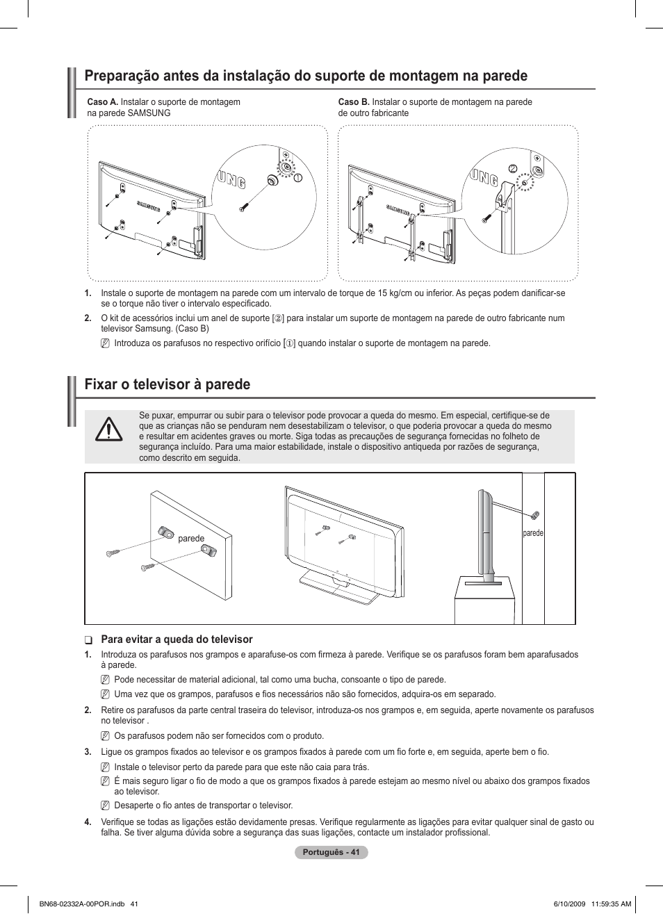 경고 주의 경고 주의, Fixar o televisor à parede | Samsung PS50B560T7W User Manual | Page 309 / 400