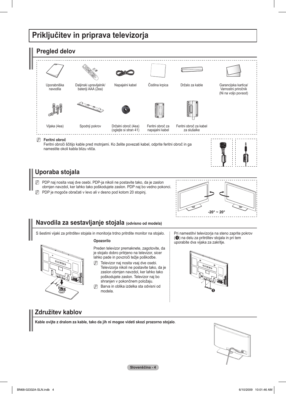 Priključitev in priprava televizorja, Združitev kablov, Uporaba stojala | Pregled delov, Navodila za sestavljanje stojala | Samsung PS50B560T7W User Manual | Page 315 / 400