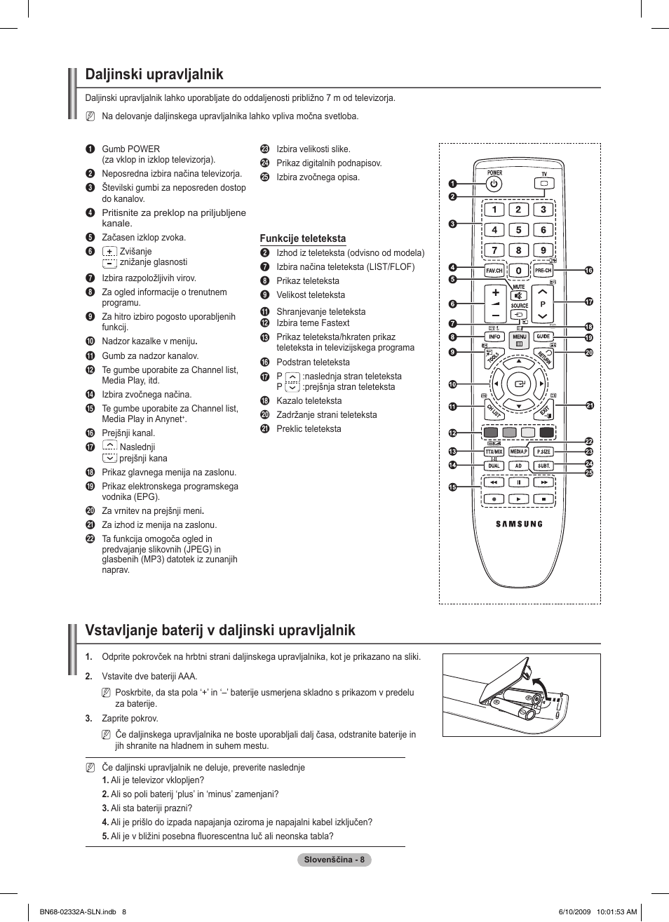 Daljinski upravljalnik, Vstavljanje baterij v daljinski upravljalnik | Samsung PS50B560T7W User Manual | Page 319 / 400