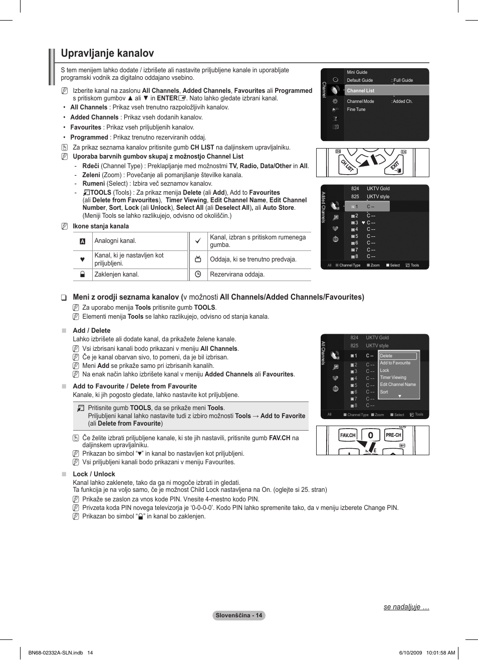 Upravljanje kanalov, Se nadaljuje | Samsung PS50B560T7W User Manual | Page 325 / 400