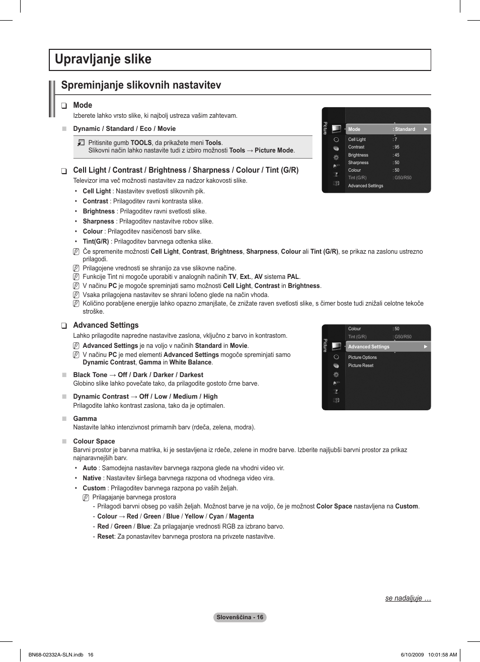 Upravljanje slike, Spreminjanje slikovnih nastavitev | Samsung PS50B560T7W User Manual | Page 327 / 400