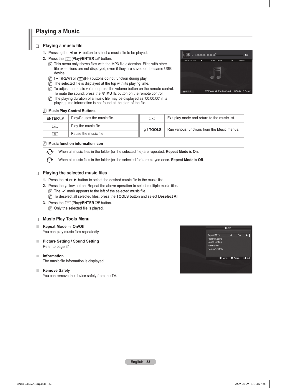 Playing a music, Playing a music file, Playing the selected music files | Music play tools menu | Samsung PS50B560T7W User Manual | Page 33 / 400