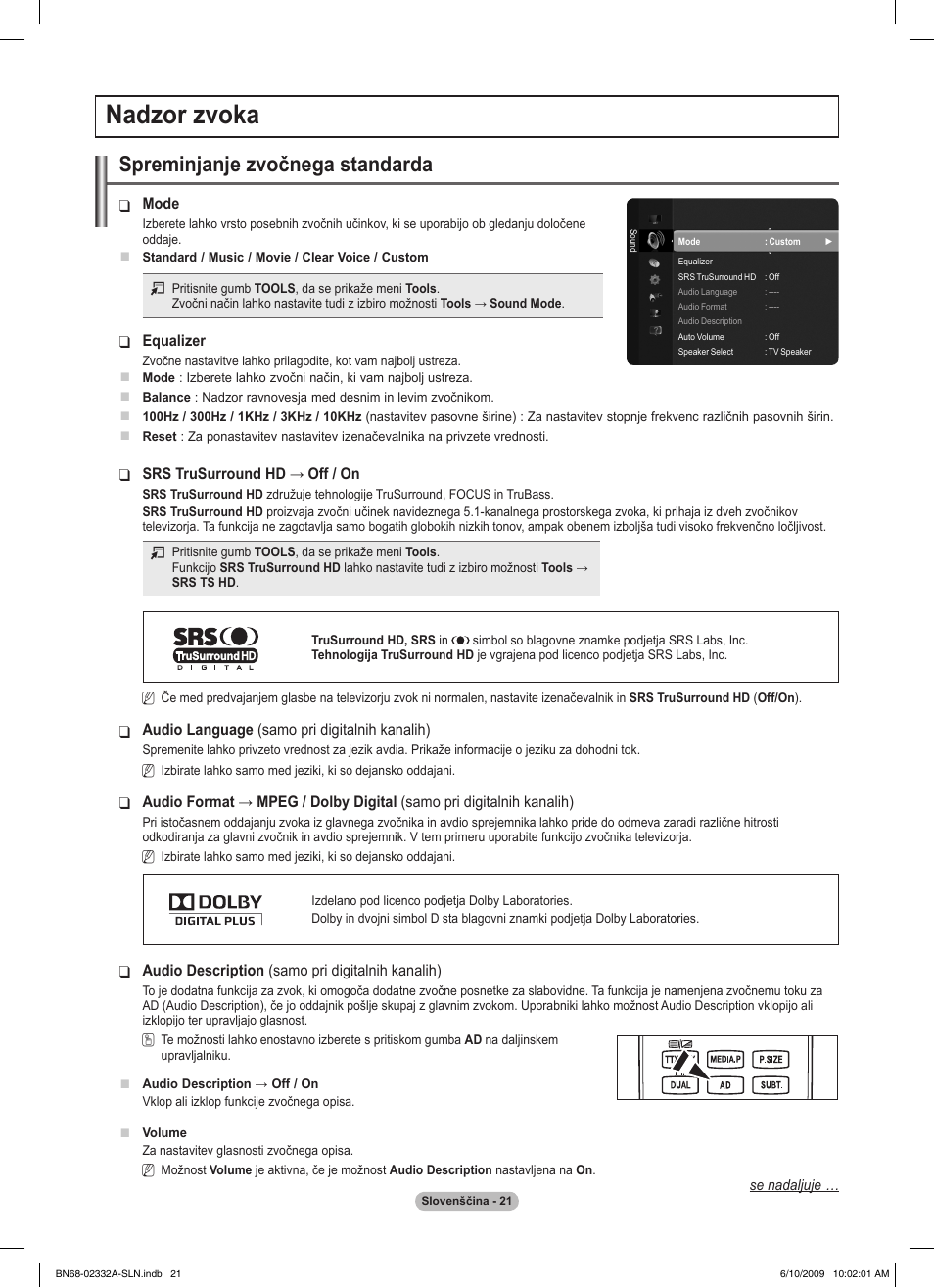 Nadzor zvoka, Spreminjanje zvočnega standarda | Samsung PS50B560T7W User Manual | Page 332 / 400