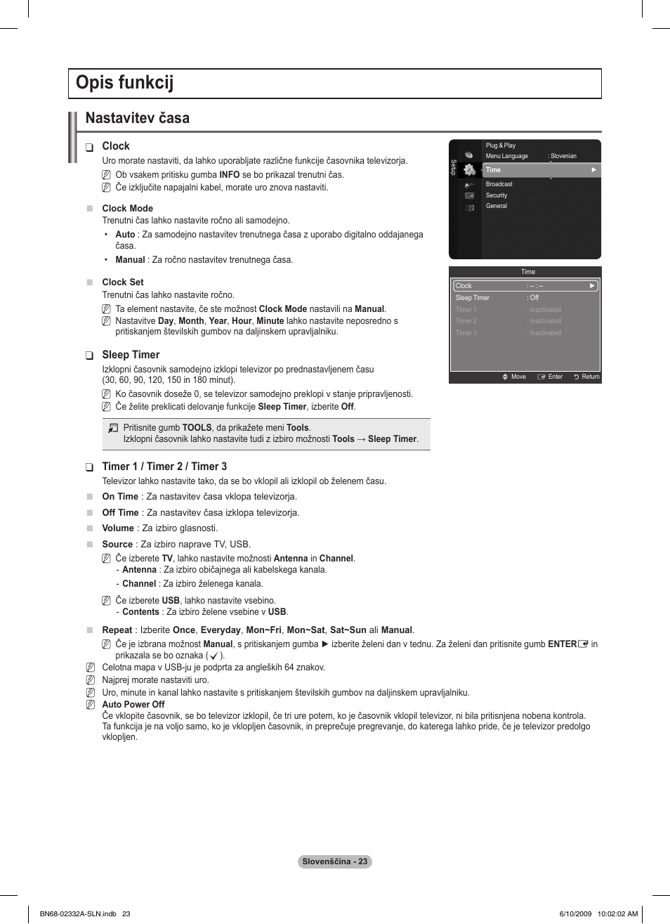 Opis funkcij, Nastavitev časa | Samsung PS50B560T7W User Manual | Page 334 / 400