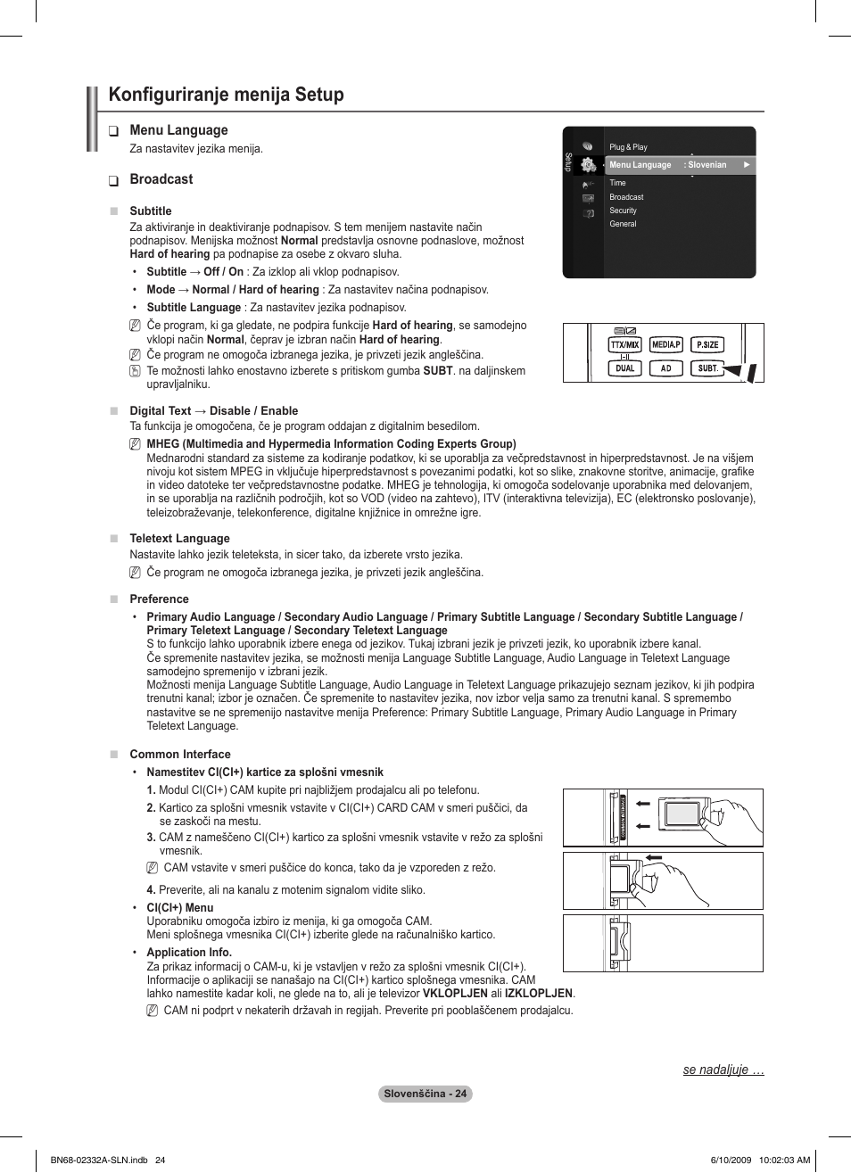 Konfiguriranje menija setup | Samsung PS50B560T7W User Manual | Page 335 / 400