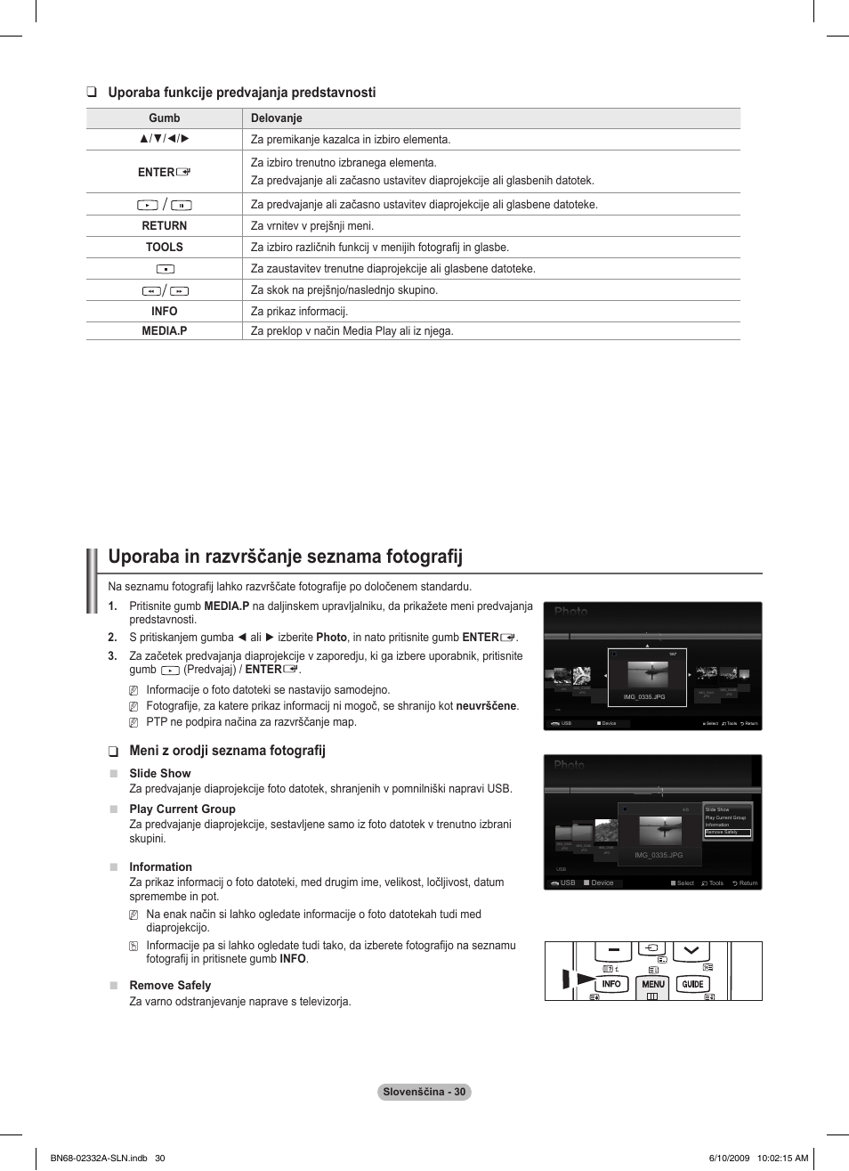 Uporaba in razvrščanje seznama fotografij, Meni z orodji seznama fotografij, Uporaba funkcije predvajanja predstavnosti | Samsung PS50B560T7W User Manual | Page 341 / 400