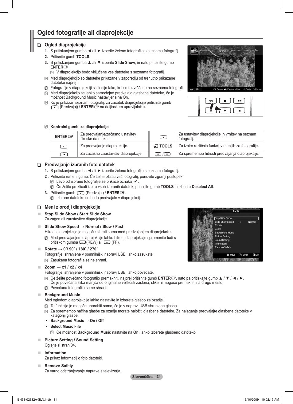 Ogled fotografije ali diaprojekcije, Ogled diaprojekcije, Predvajanje izbranih foto datotek | Meni z orodji diaprojekcije | Samsung PS50B560T7W User Manual | Page 342 / 400
