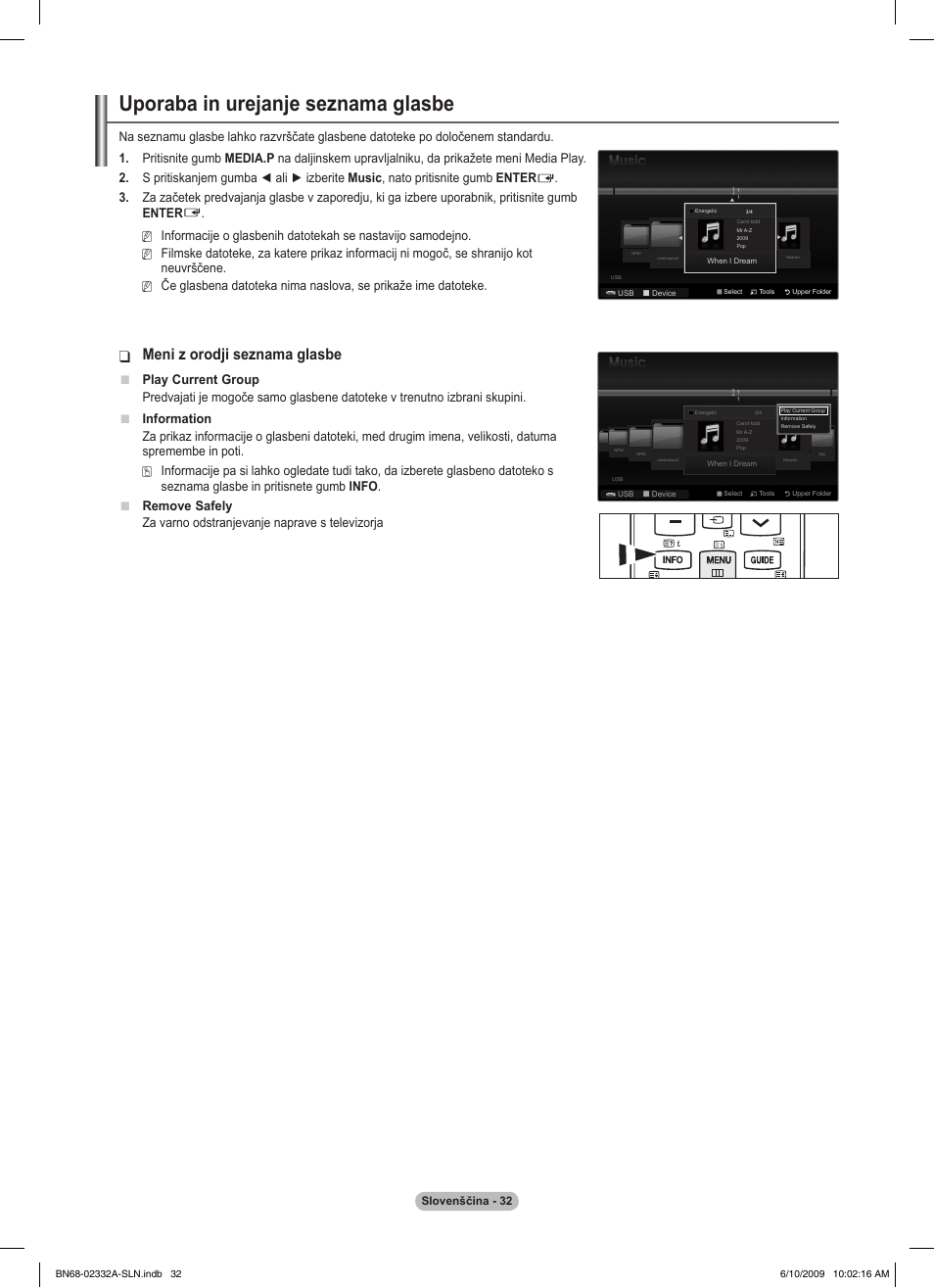 Uporaba in urejanje seznama glasbe, Meni z orodji seznama glasbe, Play current group | Za varno odstranjevanje naprave s televizorja | Samsung PS50B560T7W User Manual | Page 343 / 400