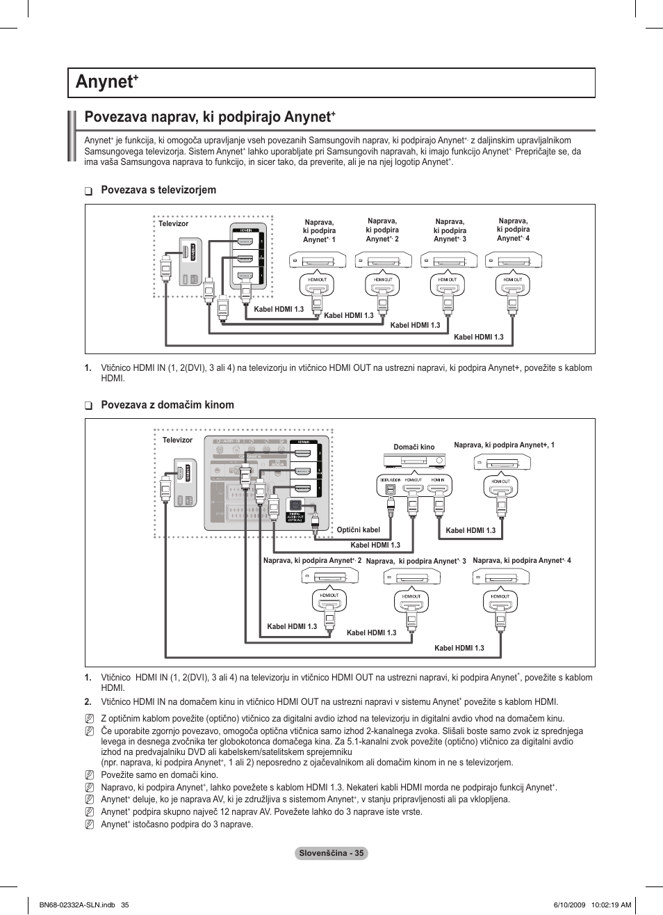 Anynet, Povezava naprav, ki podpirajo anynet, Povezava s televizorjem | Povezava z domačim kinom | Samsung PS50B560T7W User Manual | Page 346 / 400