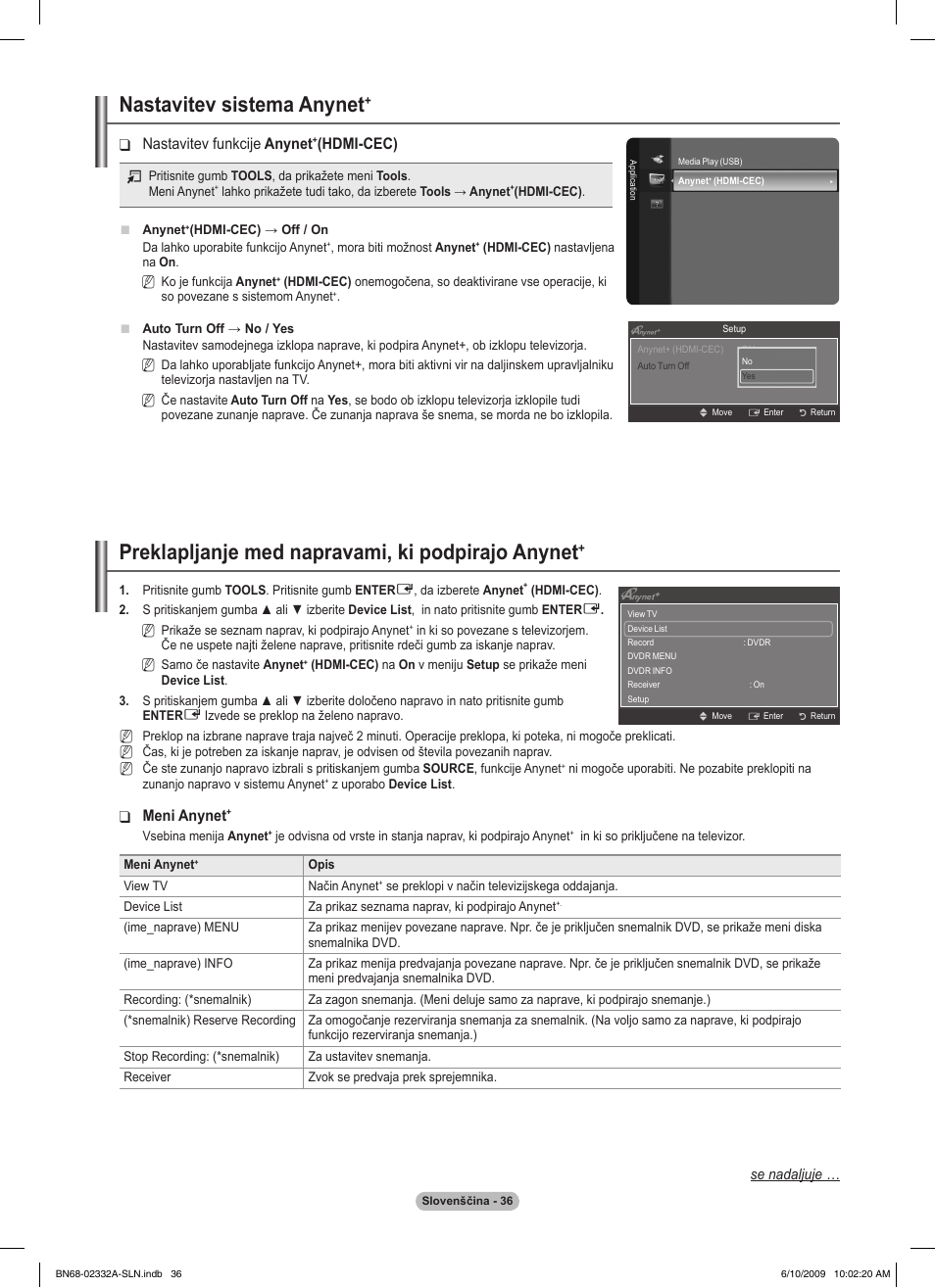 Nastavitev sistema anynet, Preklapljanje med napravami, ki podpirajo anynet, Nastavitev funkcije ❑ anynet | Hdmi-cec), Meni anynet | Samsung PS50B560T7W User Manual | Page 347 / 400