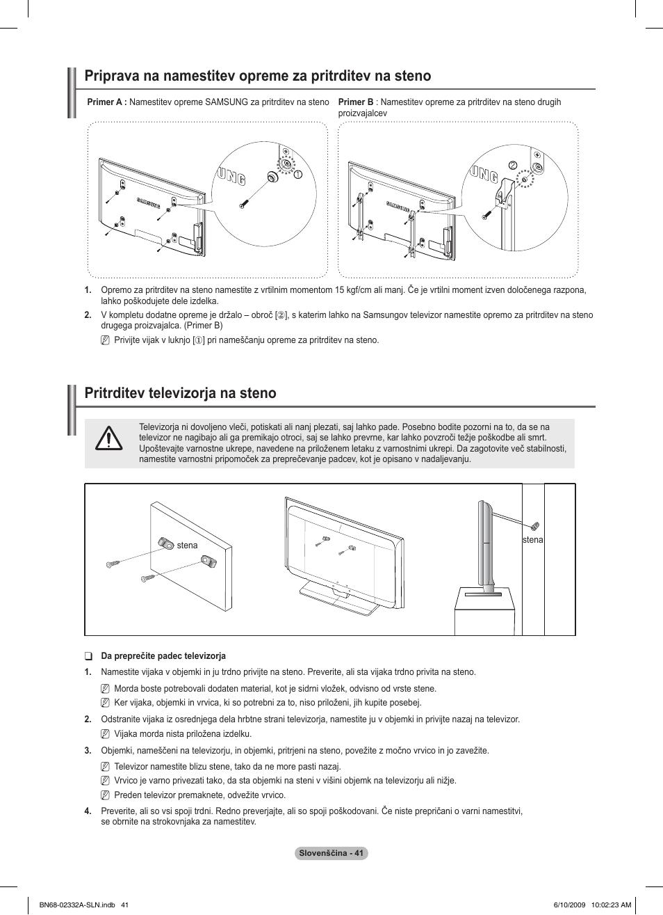 경고 주의 경고 주의, Pritrditev televizorja na steno | Samsung PS50B560T7W User Manual | Page 352 / 400