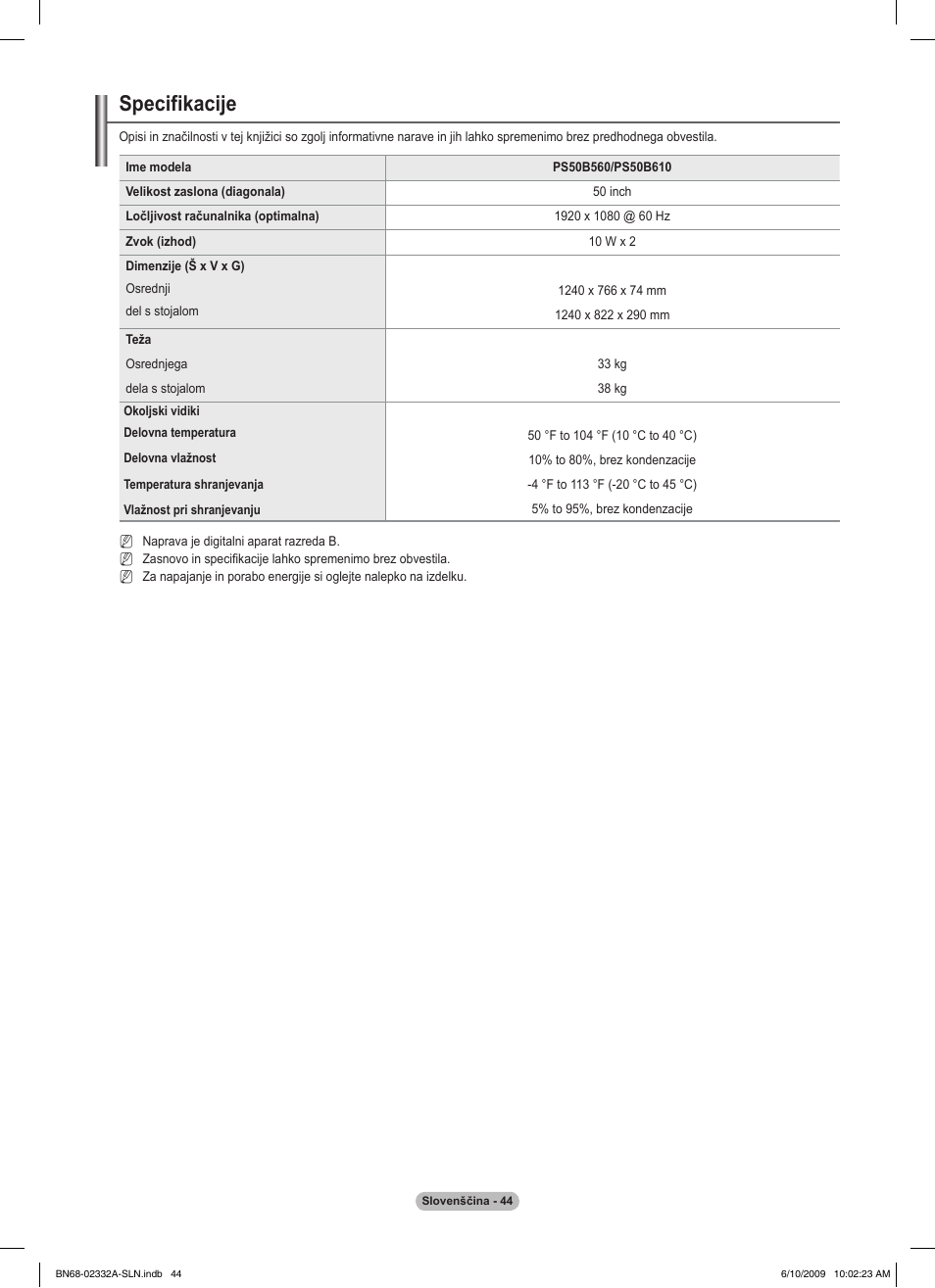 Specifikacije | Samsung PS50B560T7W User Manual | Page 355 / 400