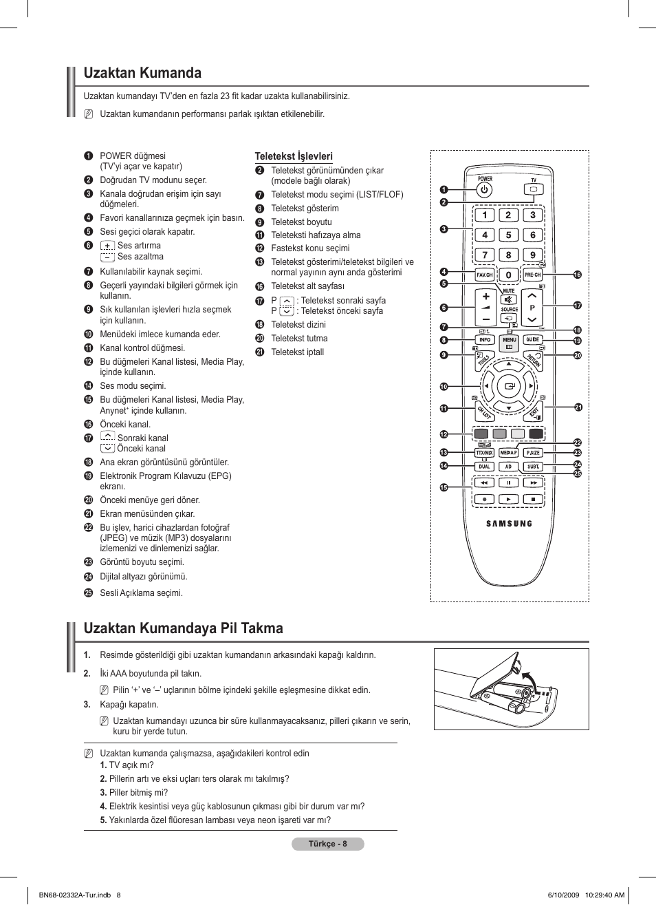 Uzaktan kumanda, Uzaktan kumandaya pil takma | Samsung PS50B560T7W User Manual | Page 362 / 400