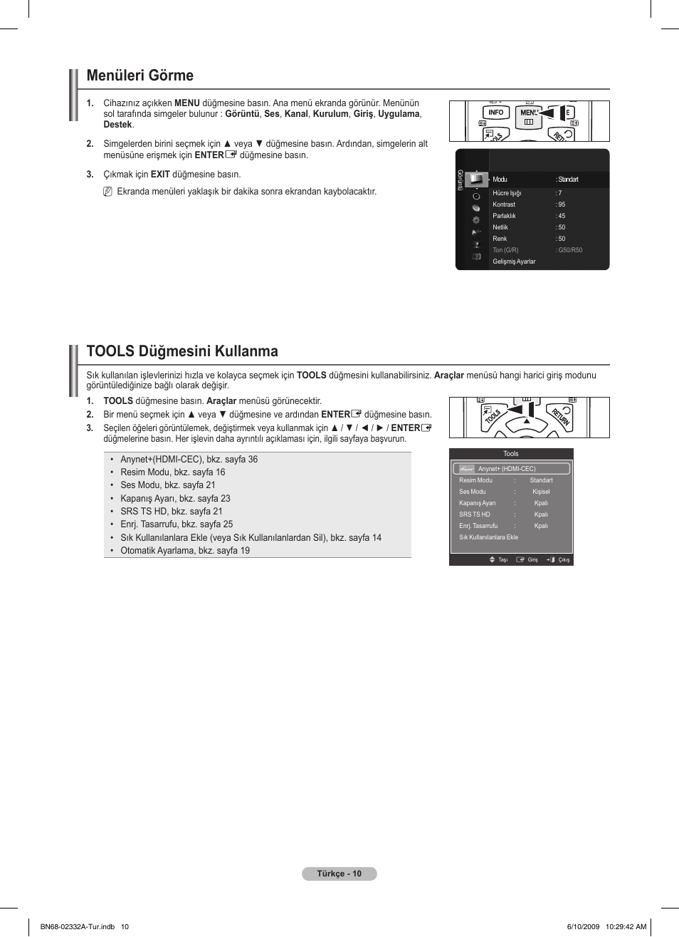 Menüleri görme, Tools düğmesini kullanma | Samsung PS50B560T7W User Manual | Page 364 / 400