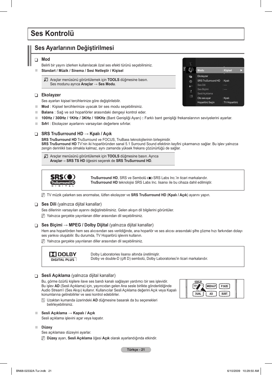 Ses kontrolü, Ses ayarlarının değiştirilmesi | Samsung PS50B560T7W User Manual | Page 375 / 400