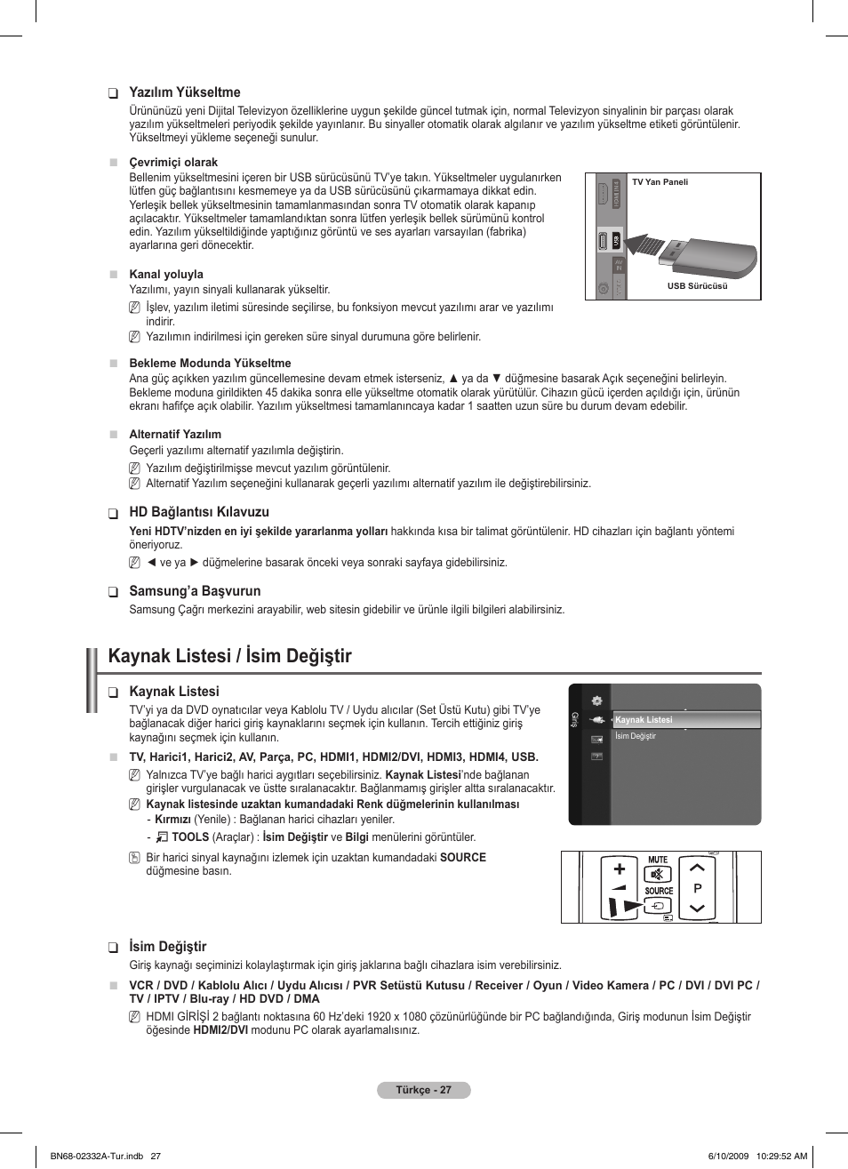 Kaynak listesi / isim değiştir | Samsung PS50B560T7W User Manual | Page 381 / 400