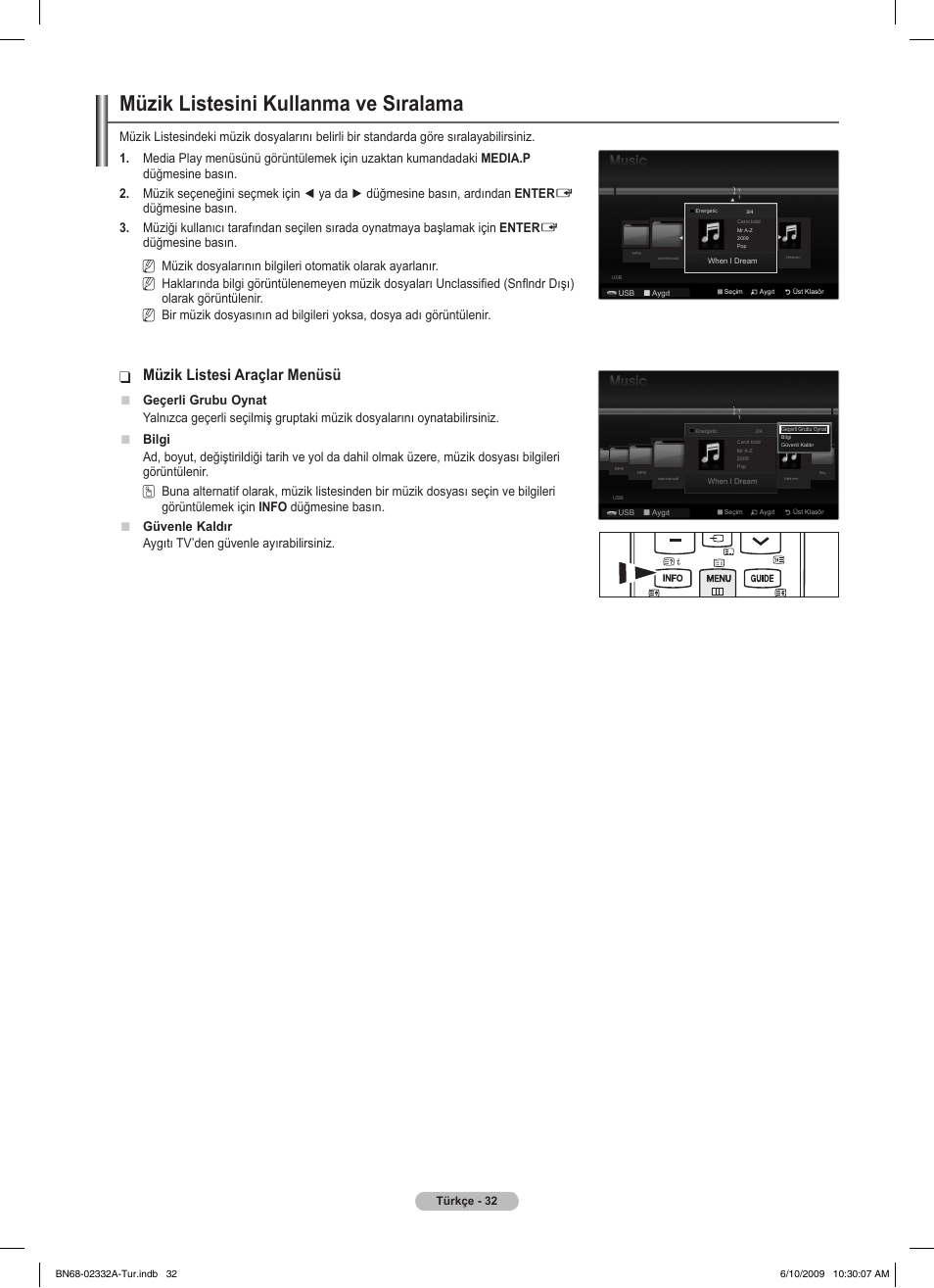 Müzik listesini kullanma ve sıralama, Müzik listesi araçlar menüsü, Geçerli grubu oynat | Aygıtı tv’den güvenle ayırabilirsiniz | Samsung PS50B560T7W User Manual | Page 386 / 400