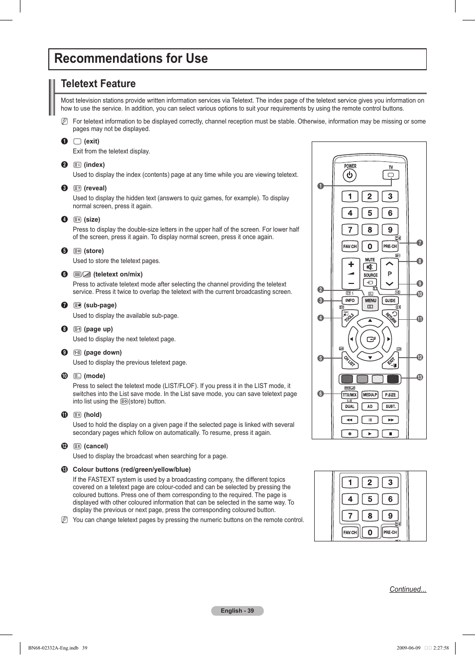 Recommendations for use, Teletext feature | Samsung PS50B560T7W User Manual | Page 39 / 400