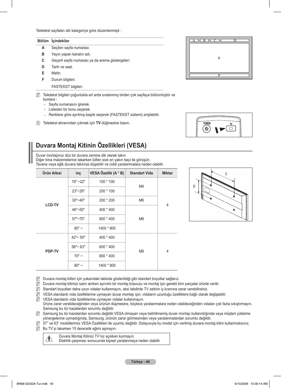 Duvara montaj kitinin özellikleri (vesa) | Samsung PS50B560T7W User Manual | Page 394 / 400