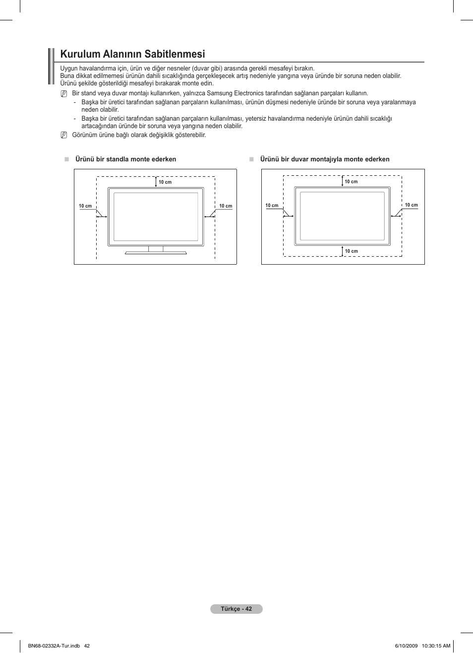 Kurulum alanının sabitlenmesi | Samsung PS50B560T7W User Manual | Page 396 / 400