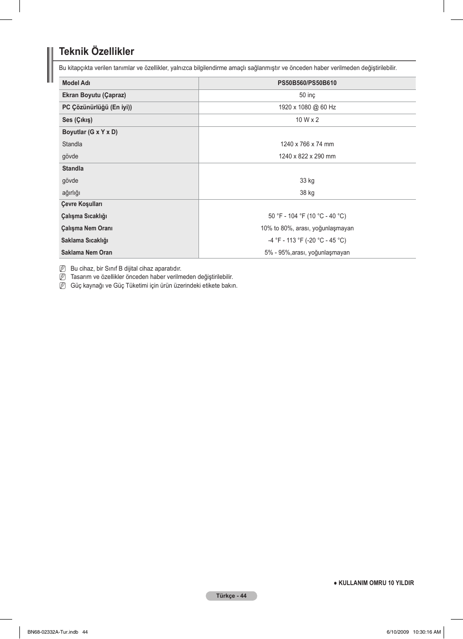 Teknik özellikler | Samsung PS50B560T7W User Manual | Page 398 / 400
