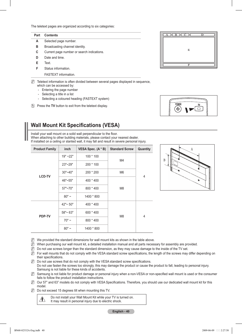 Wall mount kit specifications (vesa) | Samsung PS50B560T7W User Manual | Page 40 / 400