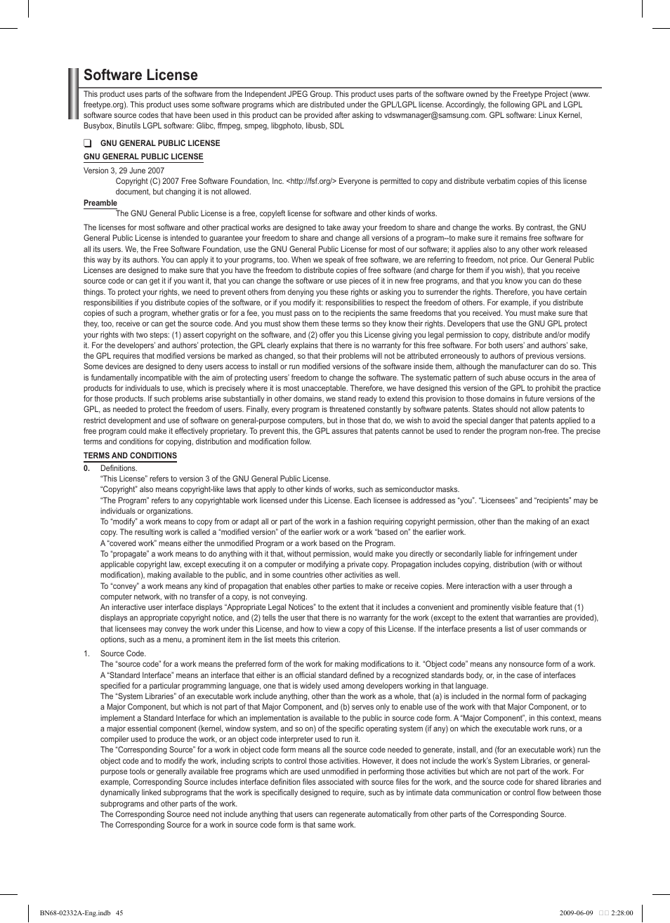 Software license | Samsung PS50B560T7W User Manual | Page 45 / 400