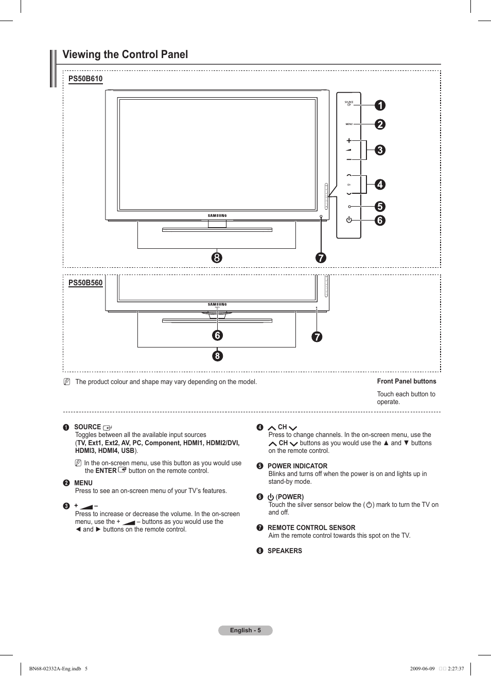 Viewing the control panel | Samsung PS50B560T7W User Manual | Page 5 / 400