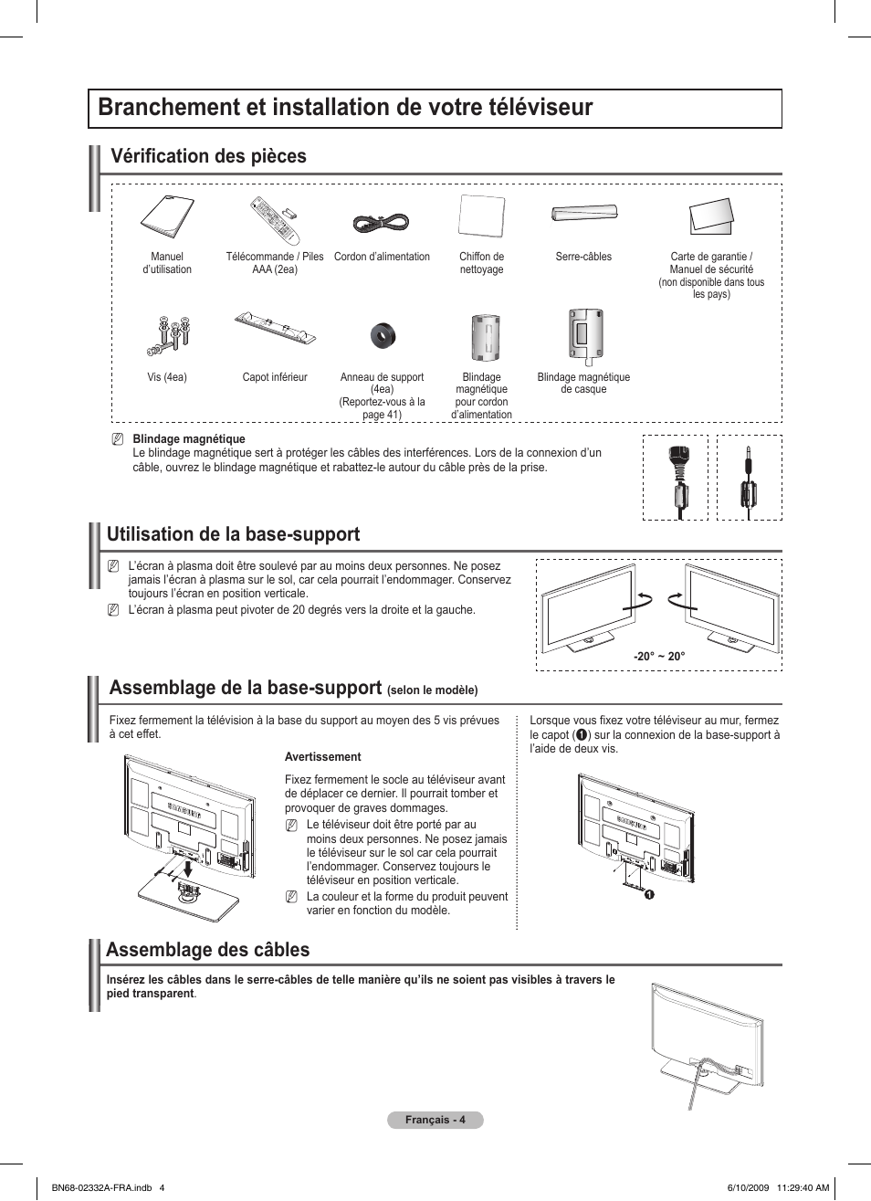 Branchement et installation de votre téléviseur, Assemblage des câbles, Utilisation de la base-support | Vérification des pièces, Assemblage de la base-support | Samsung PS50B560T7W User Manual | Page 56 / 400
