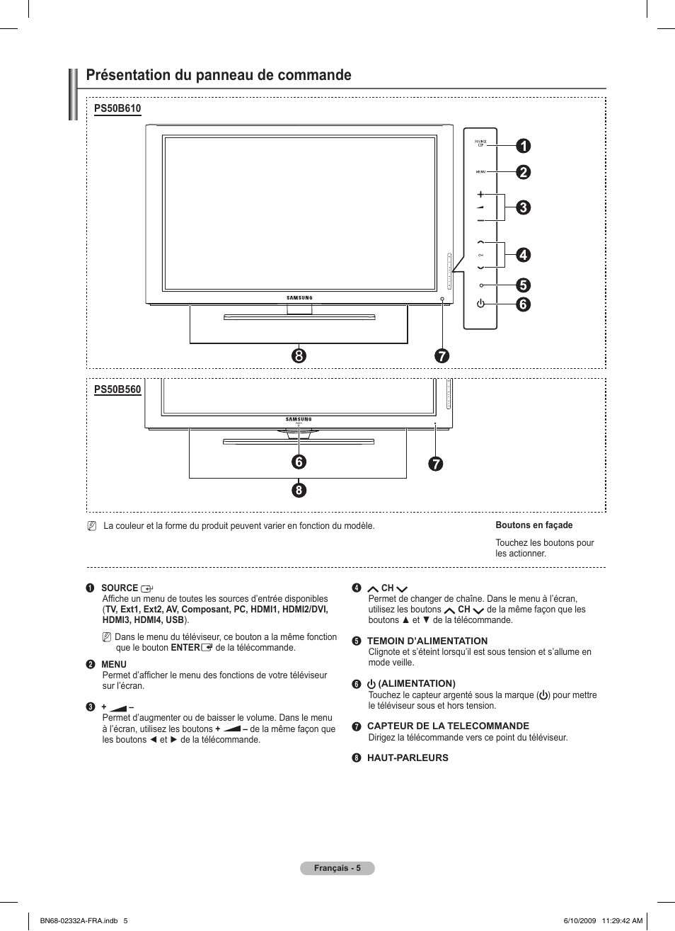 Présentation du panneau de commande | Samsung PS50B560T7W User Manual | Page 57 / 400
