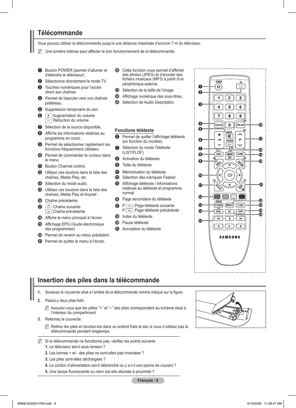 Télécommande, Insertion des piles dans la télécommande | Samsung PS50B560T7W User Manual | Page 60 / 400