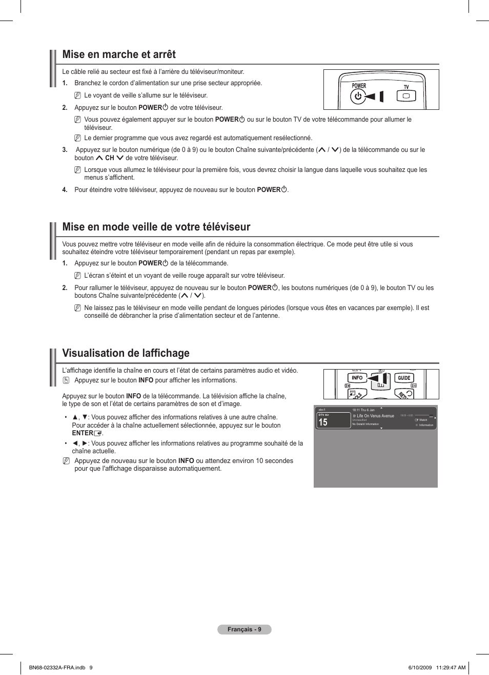 Mise en marche et arrêt, Mise en mode veille de votre téléviseur, Visualisation de laffichage | Samsung PS50B560T7W User Manual | Page 61 / 400