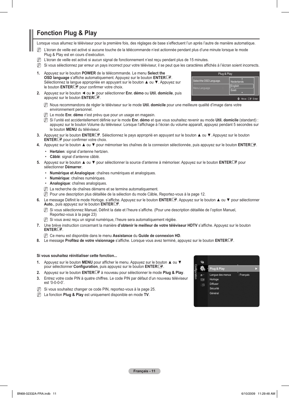 Fonction plug & play | Samsung PS50B560T7W User Manual | Page 63 / 400