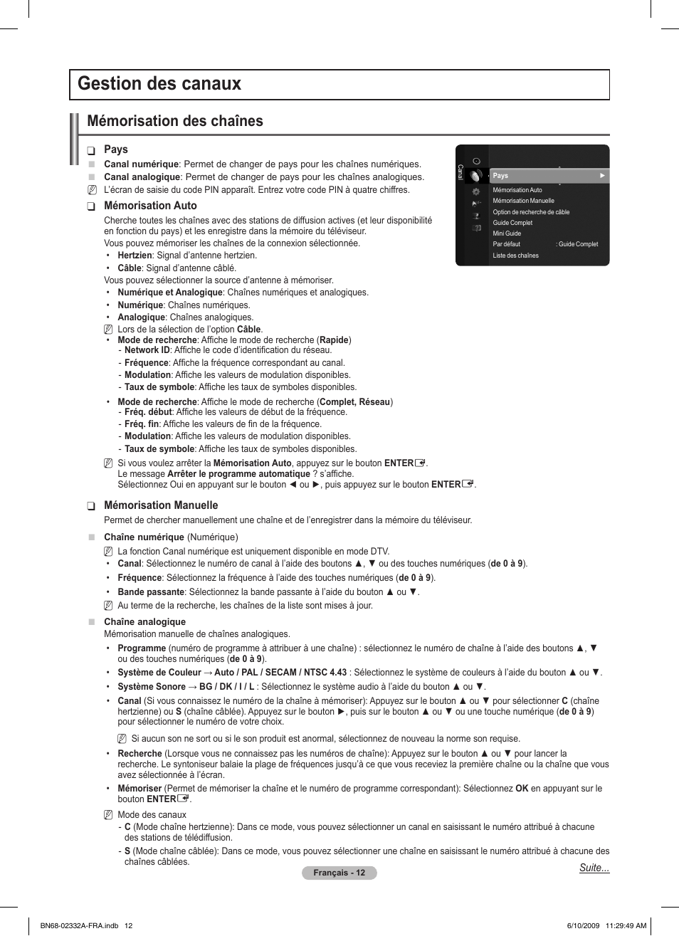 Gestion des canaux, Mémorisation des chaînes | Samsung PS50B560T7W User Manual | Page 64 / 400