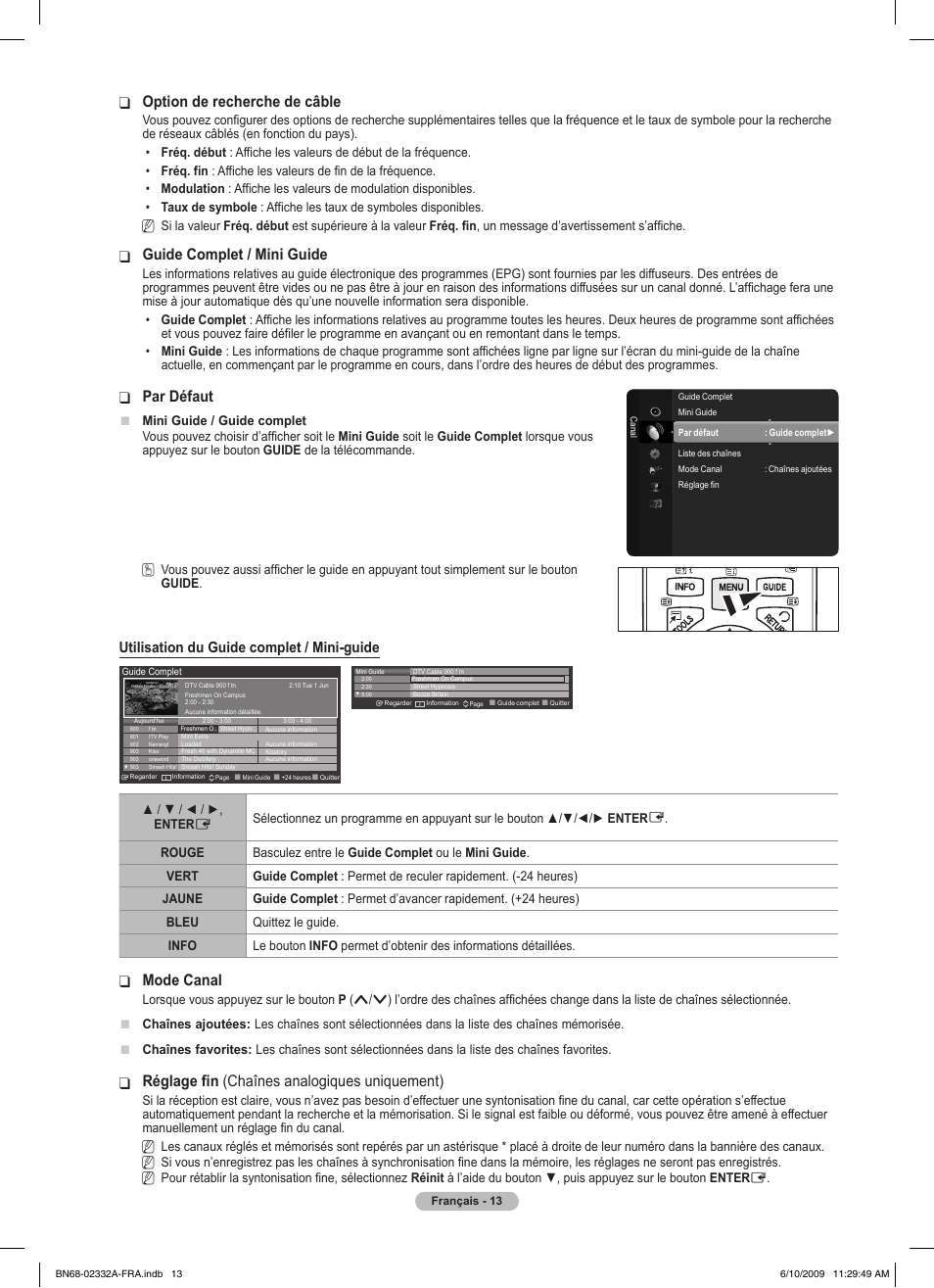 Option de recherche de câble, Guide ❑ complet / mini guide, Par défaut | Mode canal, Réglage fin ❑ (chaînes analogiques uniquement), Utilisation du guide complet / mini-guide | Samsung PS50B560T7W User Manual | Page 65 / 400