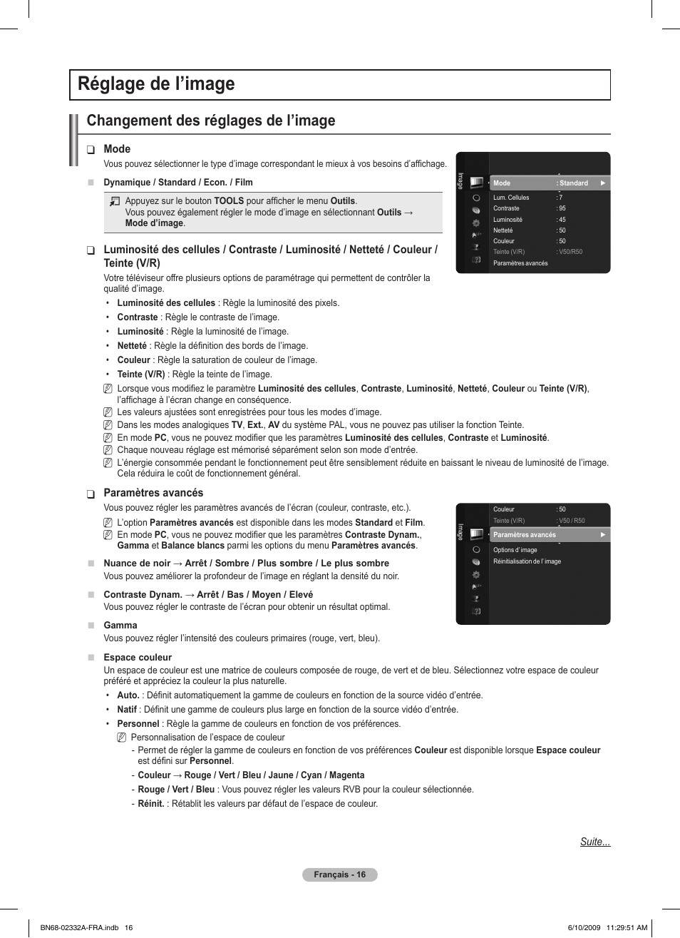 Réglage de l’image, Changement des réglages de l’image | Samsung PS50B560T7W User Manual | Page 68 / 400