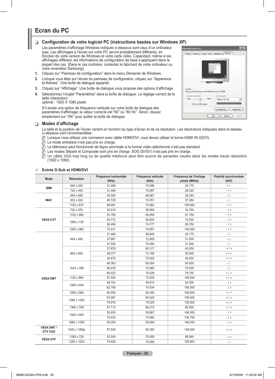 Ecran du pc, Modes d’affichage | Samsung PS50B560T7W User Manual | Page 72 / 400
