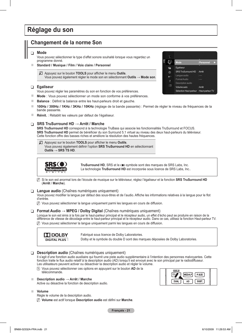 Réglage du son, Changement de la norme son | Samsung PS50B560T7W User Manual | Page 73 / 400