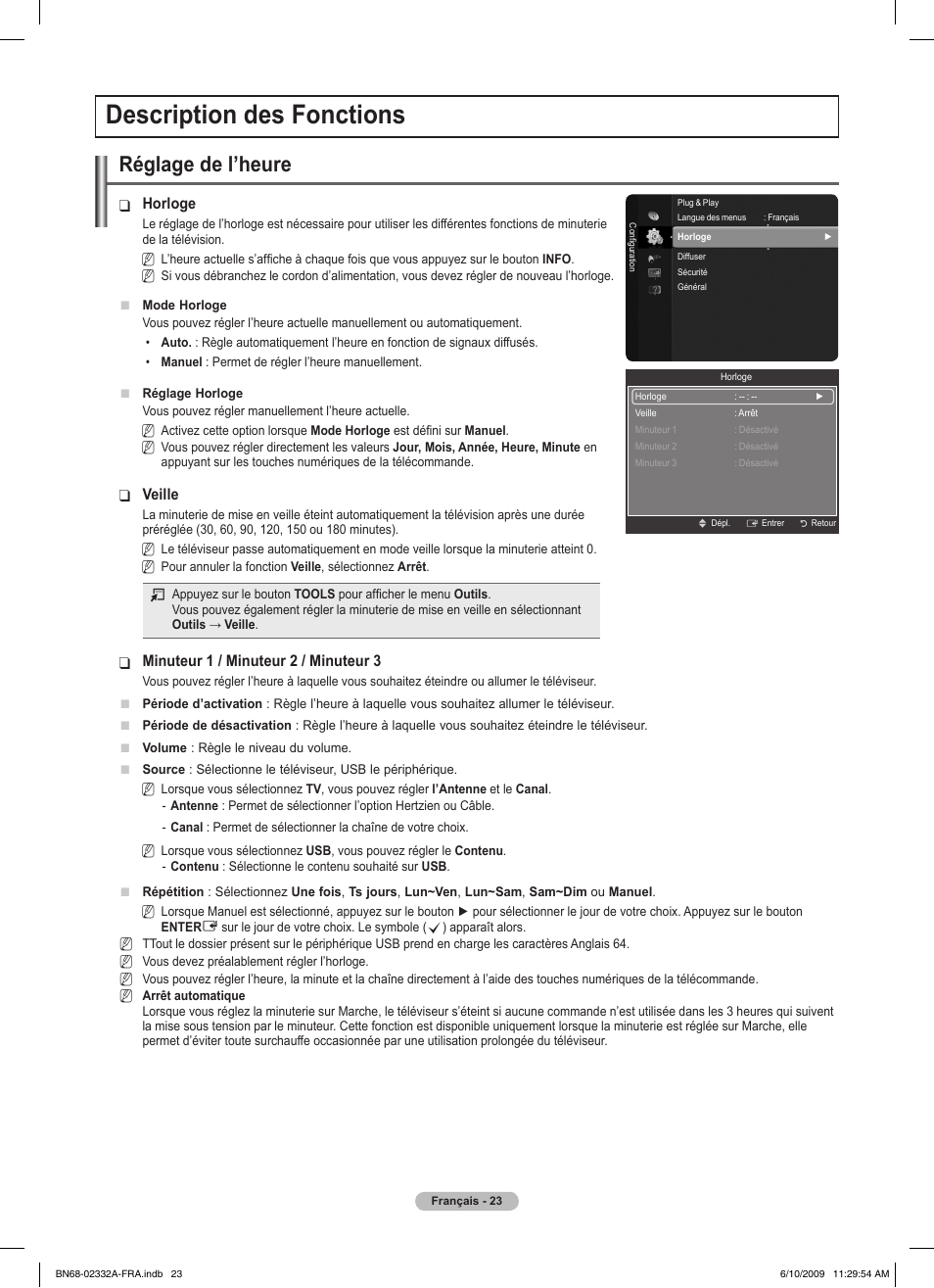 Description des fonctions, Réglage de l’heure | Samsung PS50B560T7W User Manual | Page 75 / 400