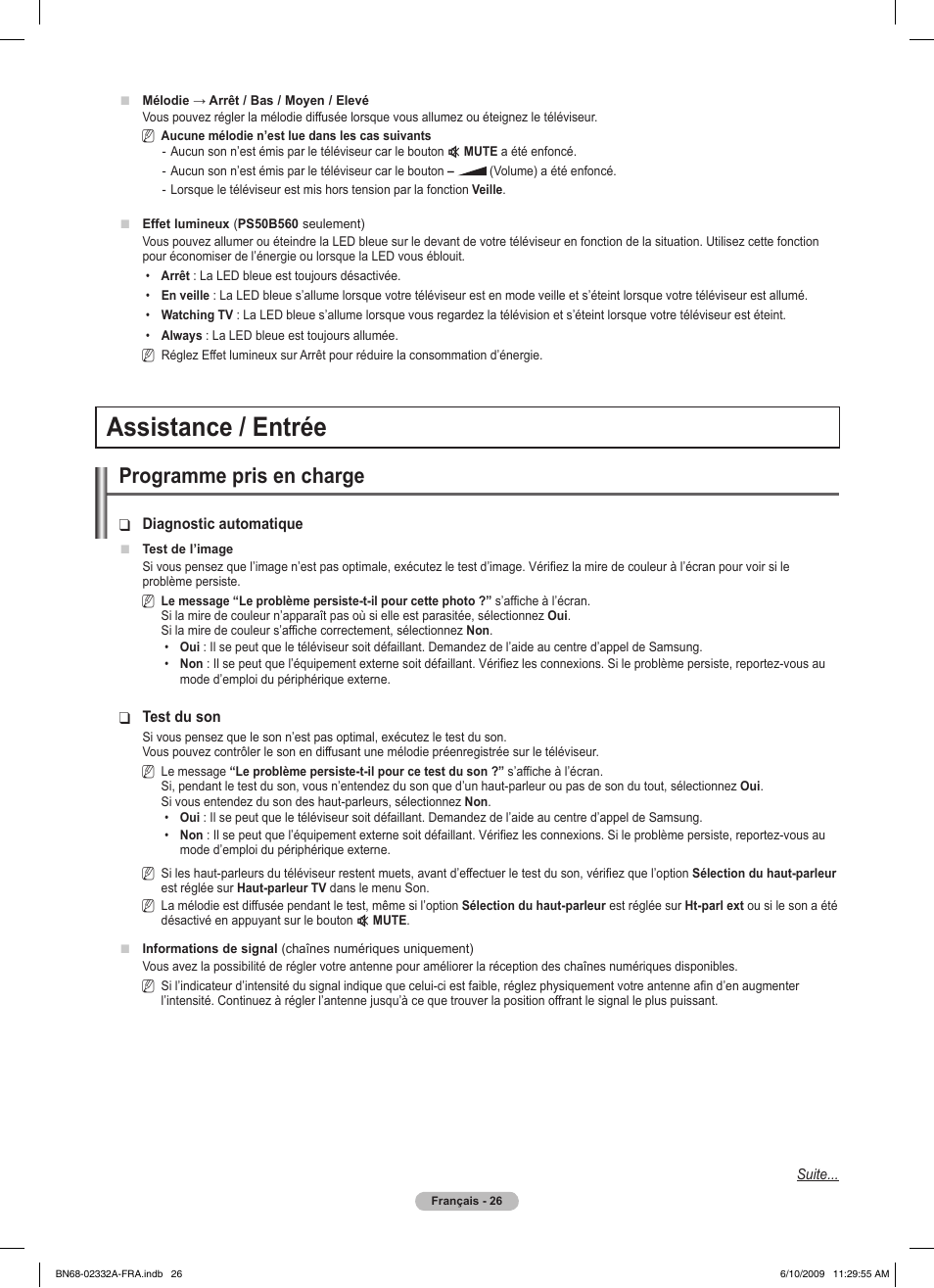 Assistance / entrée, Programme pris en charge | Samsung PS50B560T7W User Manual | Page 78 / 400