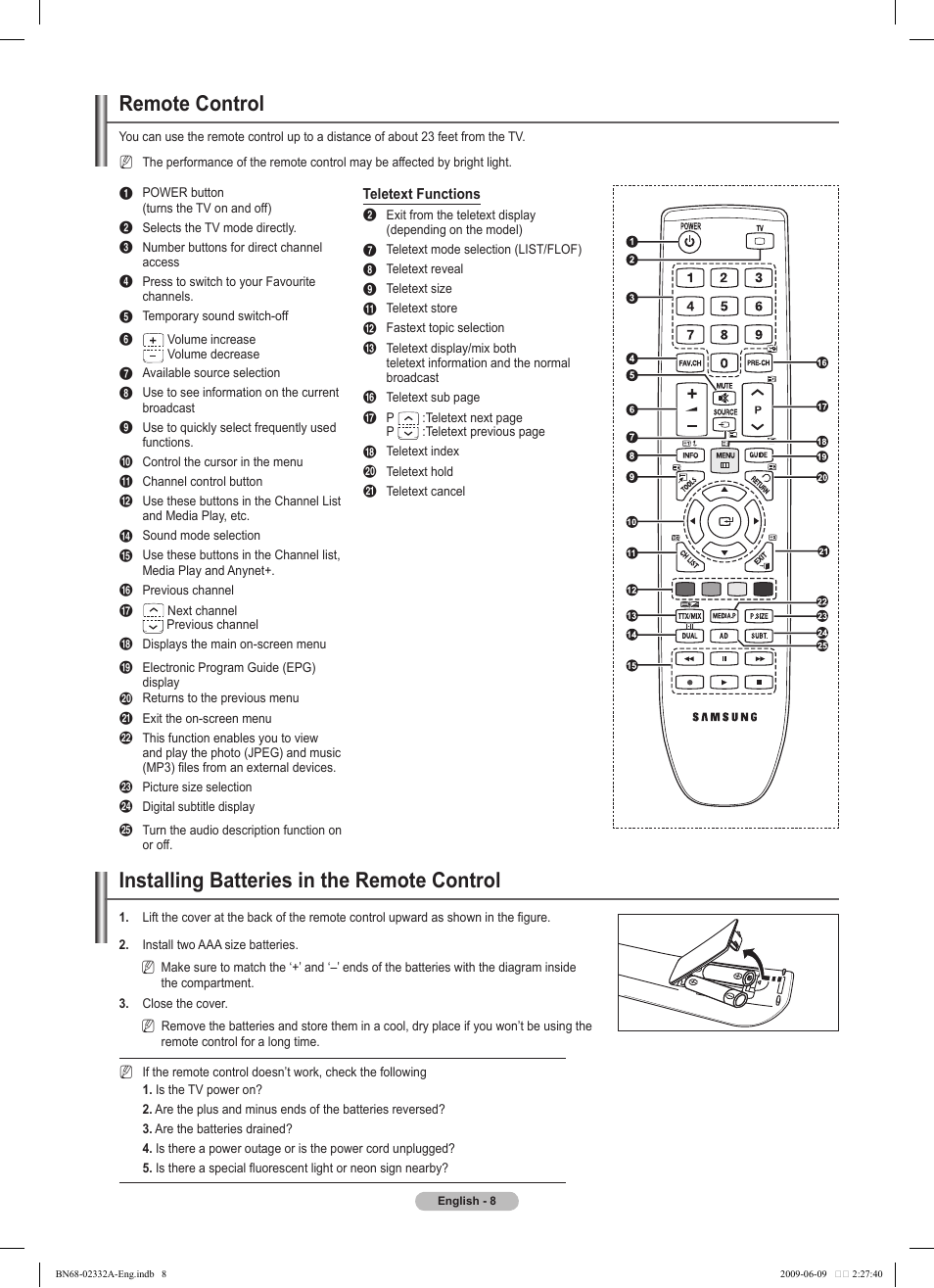 Remote control, Installing batteries in the remote control | Samsung PS50B560T7W User Manual | Page 8 / 400
