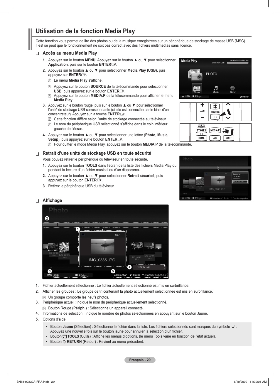 Utilisation de la fonction media play, Accès au menu media play, Affichage | Samsung PS50B560T7W User Manual | Page 81 / 400
